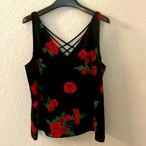 Express women blouse black with red roses sleeveless